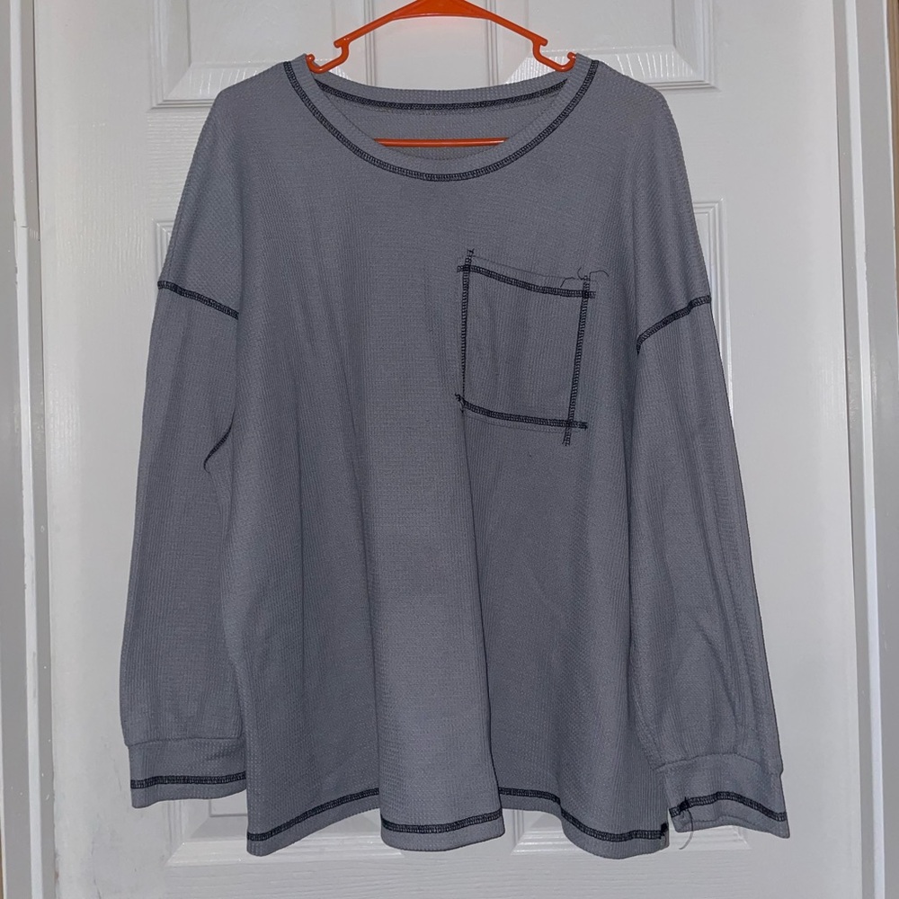 SHEIN Light Gray Waffle Knit Long Sleeve Top with Pocket